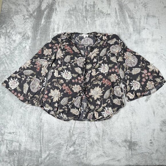 UMGEE Top Womens Small Gray Floral Bell 3/4 Sleeve Tiers Ruffle Blouse Button - Picture 1 of 7